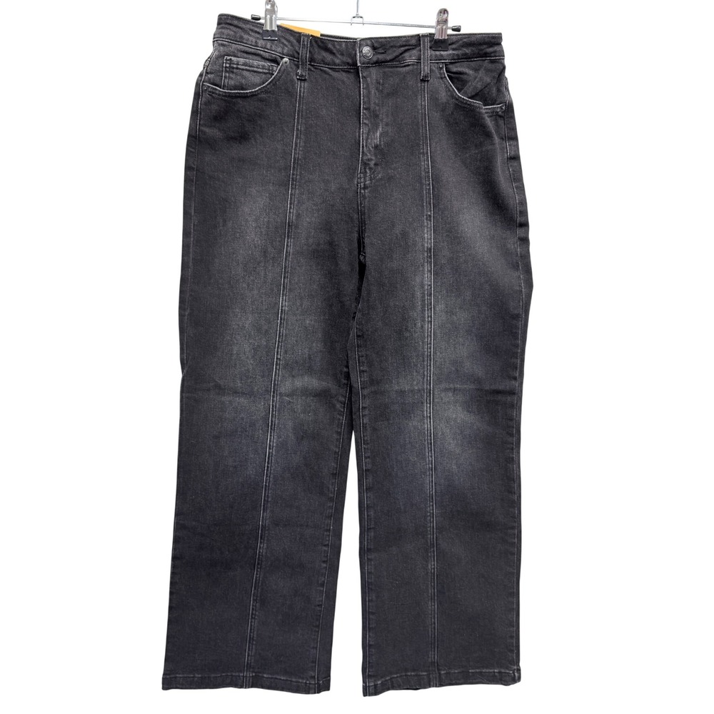 American Bazi Womens High Rise Wide Leg Stack Jeans Black Wash Fnt Seam RJH-9993